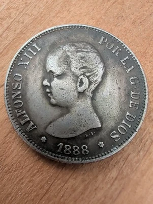 Pièce Argent Silver 5 Pesetas Espagne 1888 - Alphonse XIII Bébé Cheveux Courts - Photo 1/2