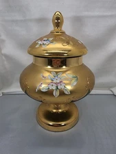 HAND MADE VINTAGE BOHEMIAN GREEN PEDESTAL CANDY DISH WITH LID