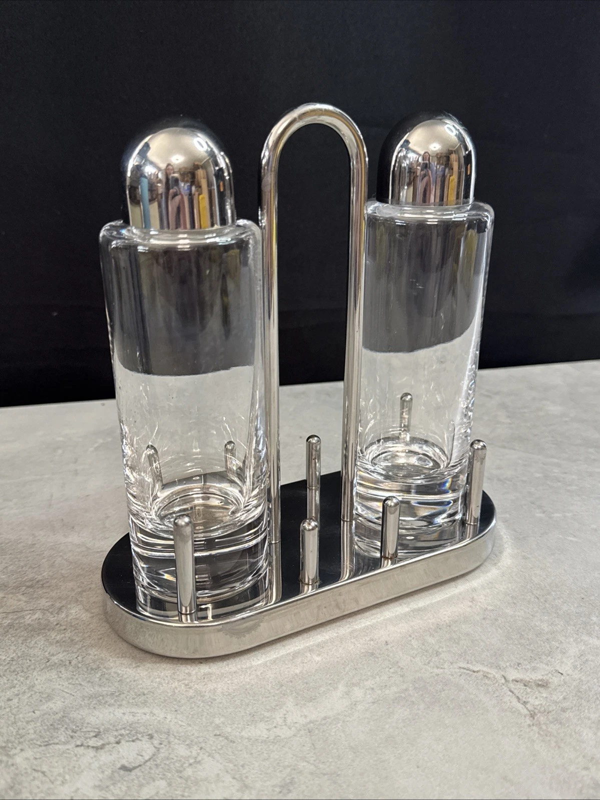 ALESSI Oil & Vinegar Stainless Steel Set #5074 Sottsass 18 10 Inox ITALY Gd3