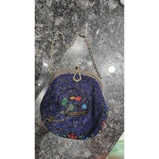 Antique Royal Blue Flower Design Glass Seed Beaded Handbag W/ Ornate Pat