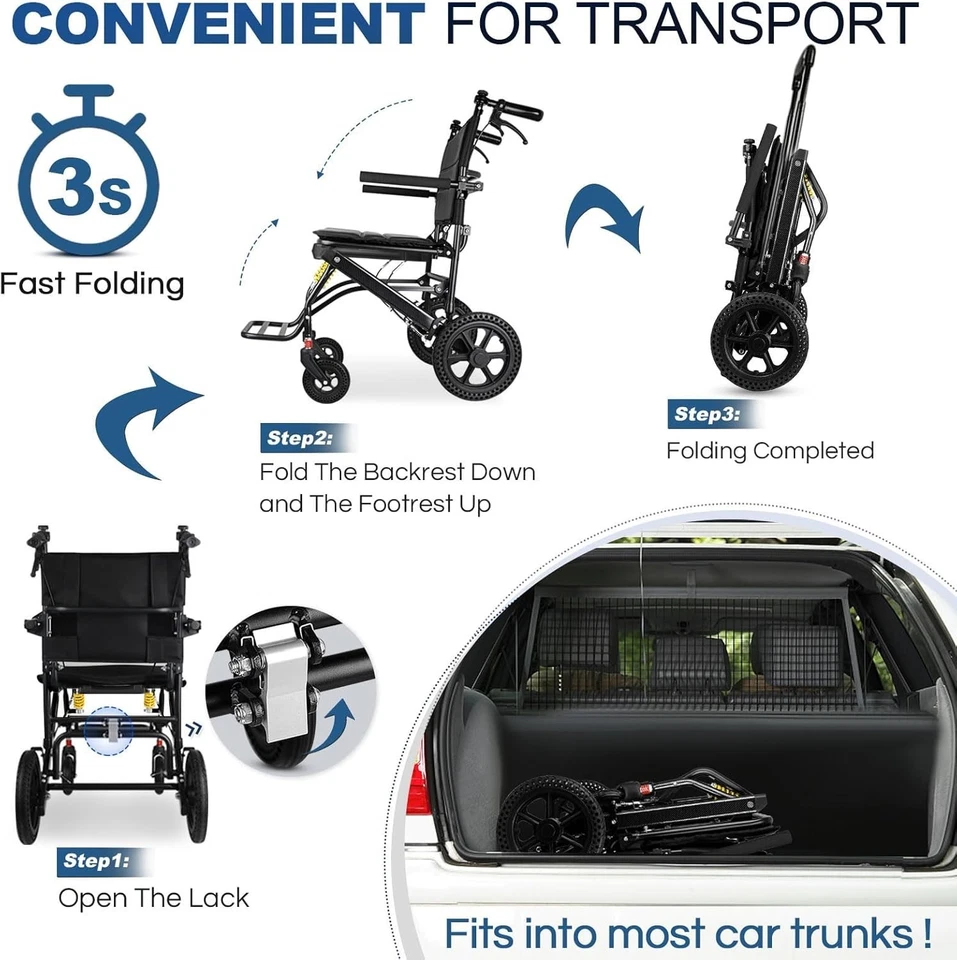 Schwarzer, Zusammenklappbarer Transportrollstuhl, 11,8kg Ultraleichter Rollstuhl - Bild 3 von 4