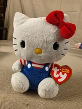 Ty Beanie Baby Hello Kitty Plush Blue Overalls Red Bow Sanrio 2009