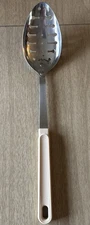 Vintage MCM EKCO 12” Slotted Kitchen Spoon Beige Handle Utensil USA Made Mint