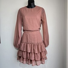 EXPRESS Dusty Mauve Sheer Lined Polka Dot Tiered Cinch Waist Dress Boho Fairy 