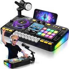 DJ Mixer for Kids, Toddler DJ Mixing Table with DJ Turntable, Game Mode, Light