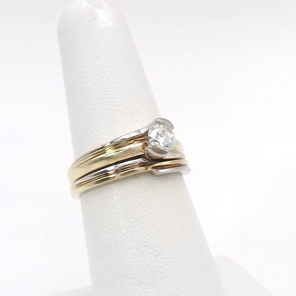 14k Gold Half Bezel Solitaire Setting Engagement Ring Wedding Band Set sz6 - Image 4 of 4