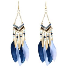 Bohemian Feather Earrings for Women, Handmade Dream Catcher Dangle Blue