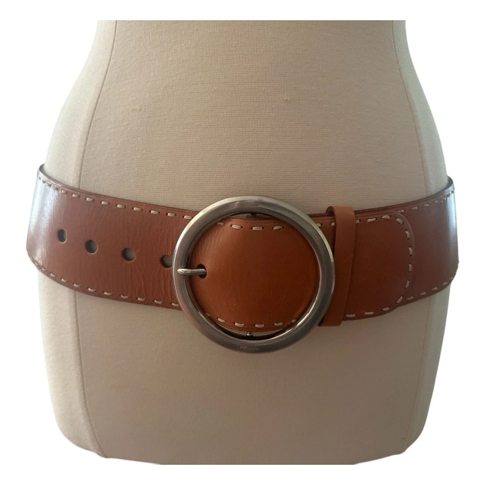 PRADA Belt Women 36 EU 90 Wide Leather Brass Round Buckle Hippie Statement Italy - Image 3 of 4