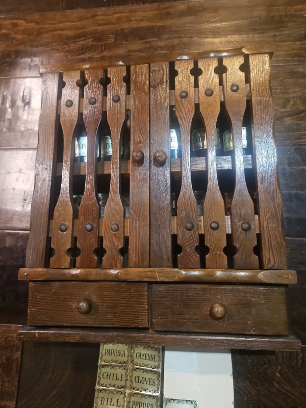 Vintage Wood Wall Mount Spice Cabinet w/ 2 Drawers, 12 Spice Jars Empty  Nice!!