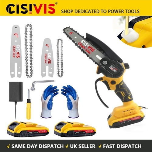 2X Battery 21V Electric Cordless Chainsaw Handheld One-Hand Mini Saw Wood Cutter