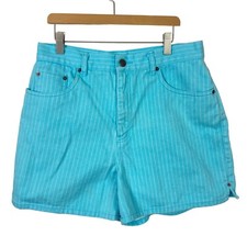 Vintage Bill Blass High Waisted Shorts 10 Womens 32 in Waist Aqua Blue Striped