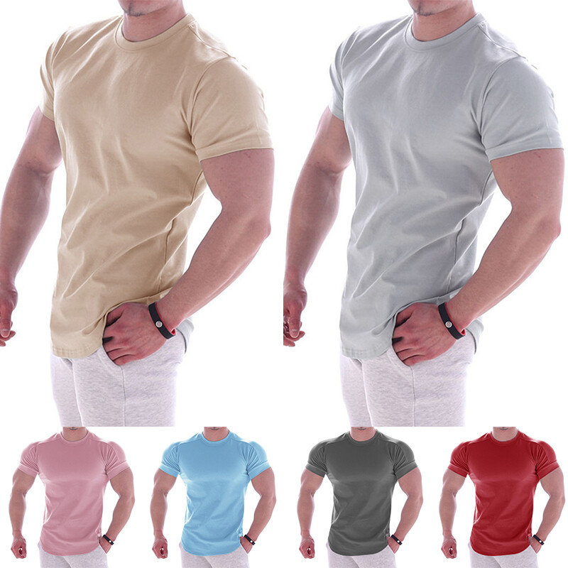 Herren T-Shirt Slim Fit Baumwolle - Basic T-Shirt Kurzarm Einfarbig