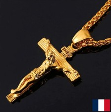 Pendentif Collier Chaine Croix Chrétienne Jesus Acier Inoxydable Doré version 1