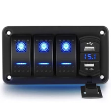 3 Gang Rocker Switch Panel 4.8A USB Charger Car Boat Marine RV Truck Blue LED