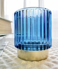 New Deep Ocean Blue  Gold Ribbed Glass Votive Tea Light Candle Holder - 3.25  