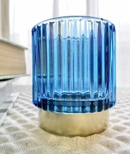 New Deep Ocean Blue & Gold Ribbed Glass Votive Tea Light Candle Holder