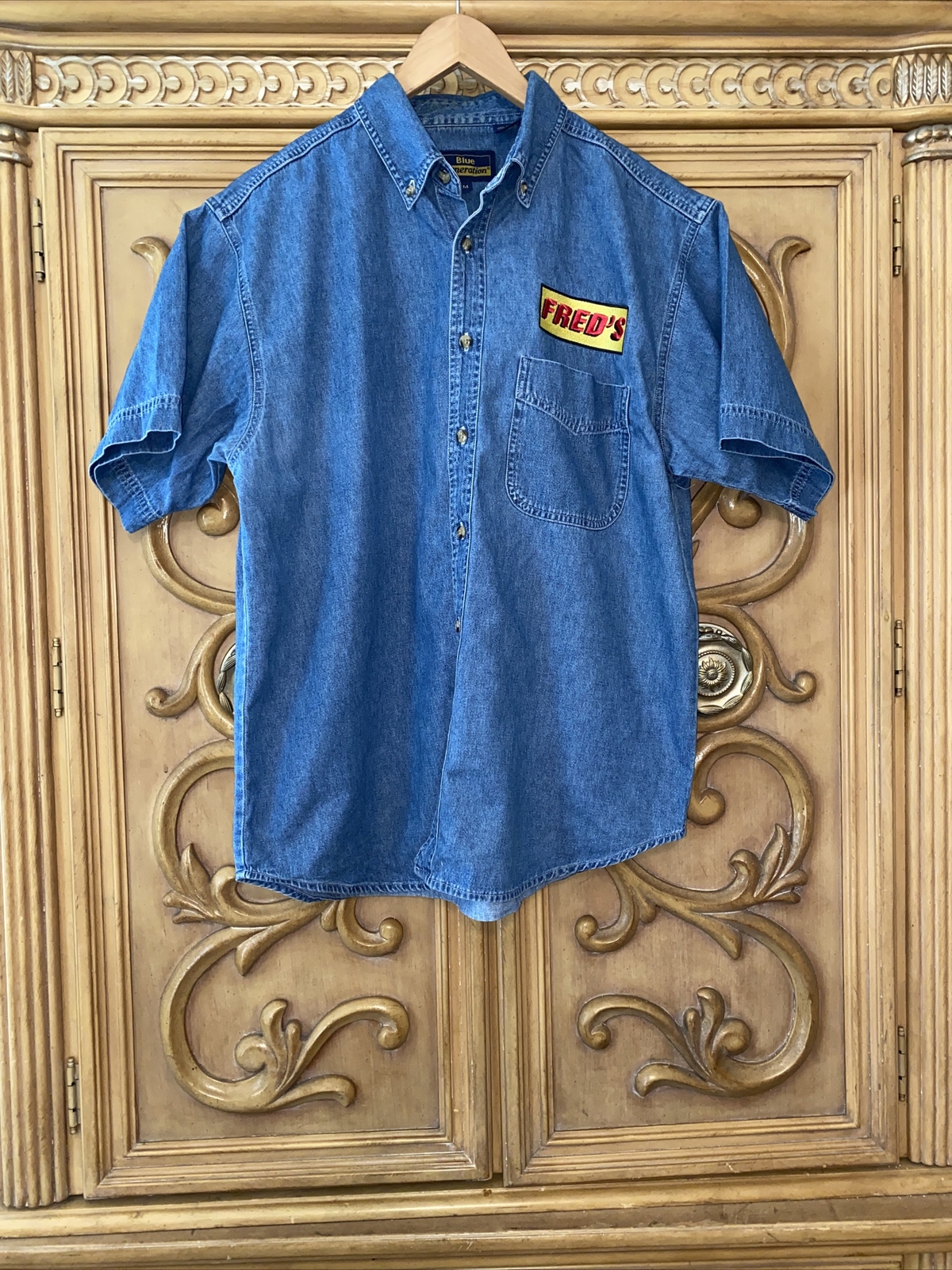 Blue Solid Short Sleeve Collared Button Down Deni… - image 3
