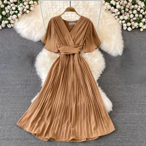 Damen Midikleid A-Linie Swing kurz Schlagärmel V-Ausschnitt Plissee elegant Sommer - Bild 16 von 35