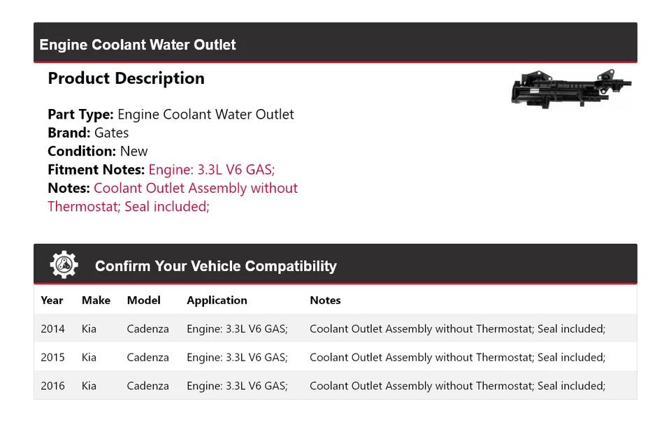 Para Kia Cadenza 2014-2016 3,3 L V6 motor gas refrigerante puertas de salida de agua 2015 Foto 2 de 4