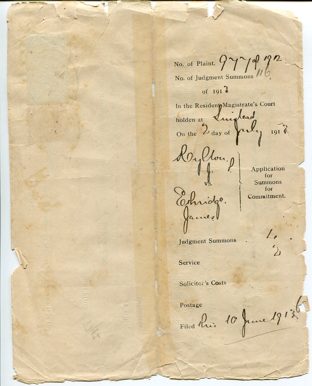 1912 Jamaica Magistrate Court Signed Document With Judicial 2/ Six