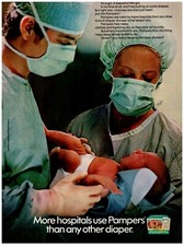 1976 PRINT AD, Pampers Diapers Newborn Baby Doctor Nurse Scrubs Delivery Room