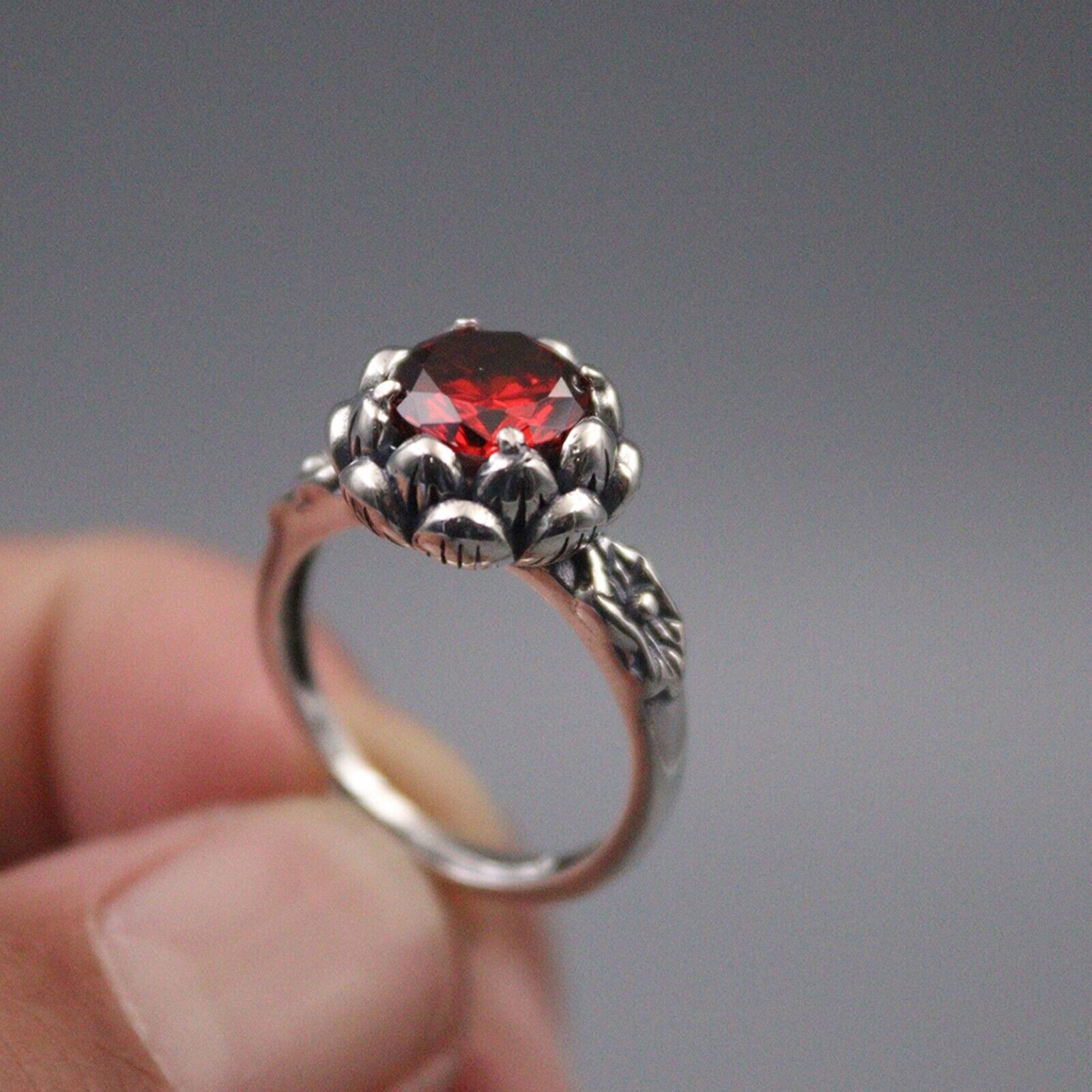 925 Sterling Silver Ring with Red Gem Garnet Lotus Women's Thai