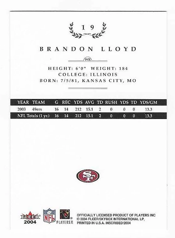 2004 Fleer Inscribed Brandon Lloyd San Francisco 49ers Football Card #19 - Image 2 of 2