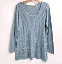 Soft Surroundings Sweater Aida Tunic Large Scoop Neck Raised Damask Blue Cotton
