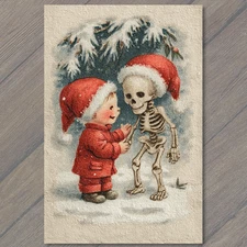 POSTCARD Child Skeleton Santa Hats Winter Snow Christmas Dark Whimsical Humor