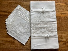 Vintage Floral Damask Ivory Tablecloth 54" x 74"  6 Napkins 15" Tagged