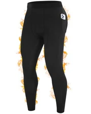 Mens Fleece Lined Thermal Compression Pants with Pockets for Winter Sports