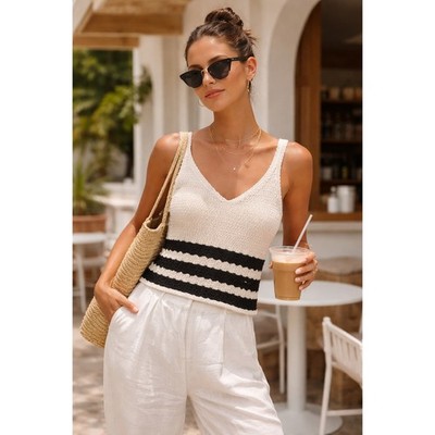 Primark Crochet Tank XS Black Cream Striped Boho Coastal Knit Cami