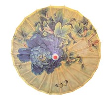 Vintage Chinese Parasol Umbrella Hand Painted Flowers Oil Rice Paper Bamboo 33"W
