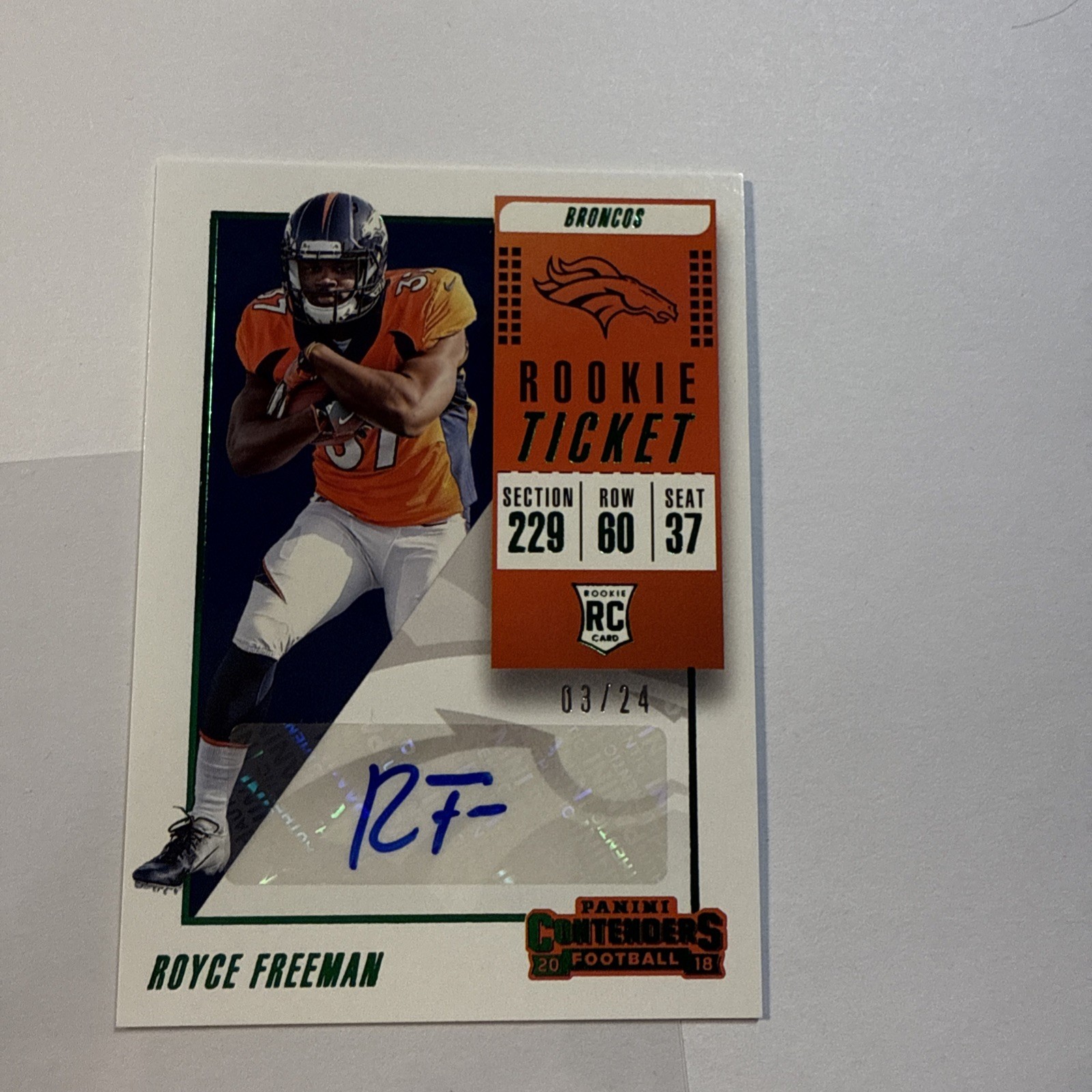 2018 Panini Contenders Royce Freeman #/24 Green Foil #124 Ticket AUTO Autograph
