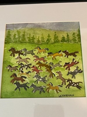 Horses Galore Orig. Watercolor Mini Folk Painting  Matted, Framed and Signed 2