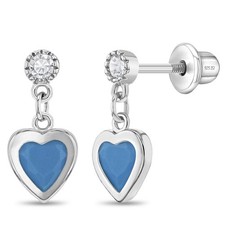 Turquoise Cubic Zirconia Heart Dangle Kids / Teen Earrings - Sterling Silver