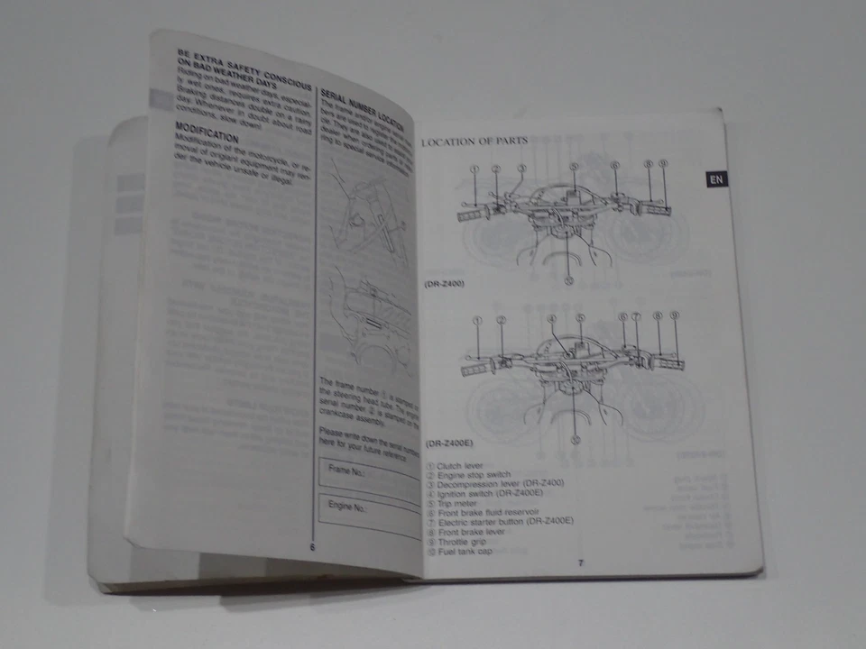 SUZUKI DR-Z400/E OWNER'S MANUAL MANUEL DU PROPRIETAIRE 2000 - Immagine 2 di 4