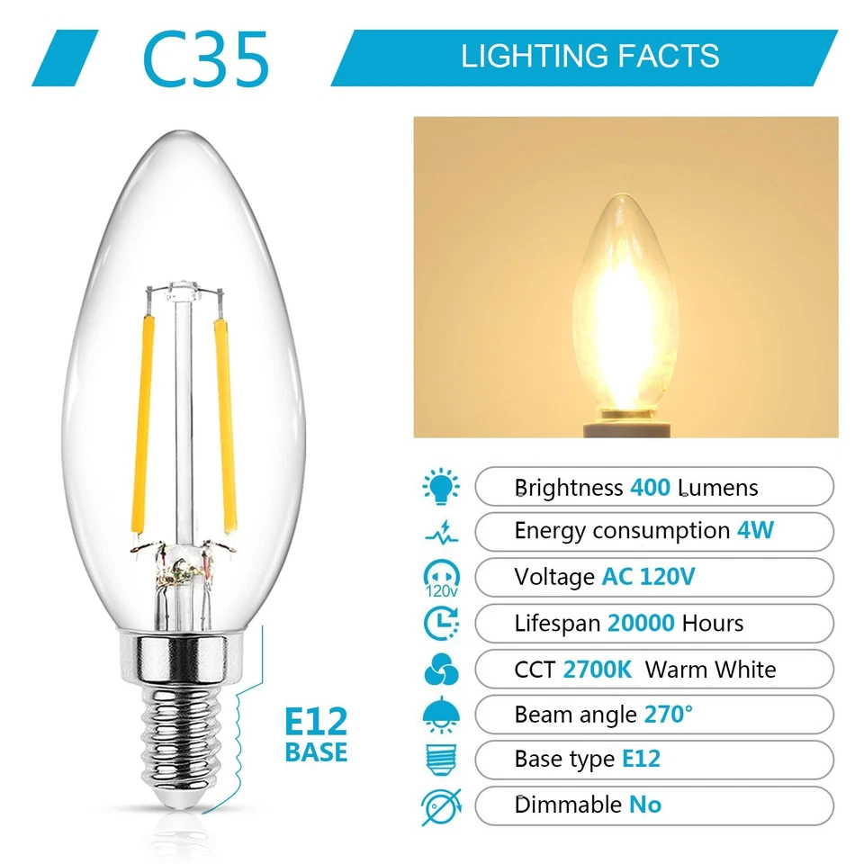 E12 LED Candelabra Bulbs 4W 40W Equivalent 2700K Warm White, Pack of 10 - Image 2 of 4