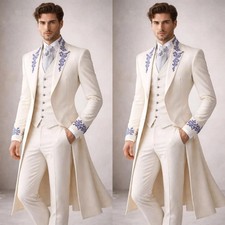Men Ivory Tailcoat Suit 3 Piece Blue Floral Embroidered Peak Lapel Groom Wedding