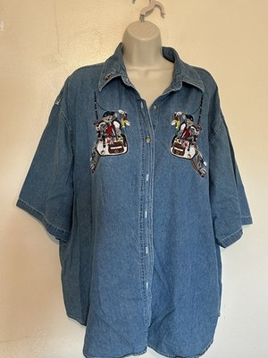 Vintage 90s Lets Quizz Again Embroidered Fishing Bear Denim Shirt Size 22
