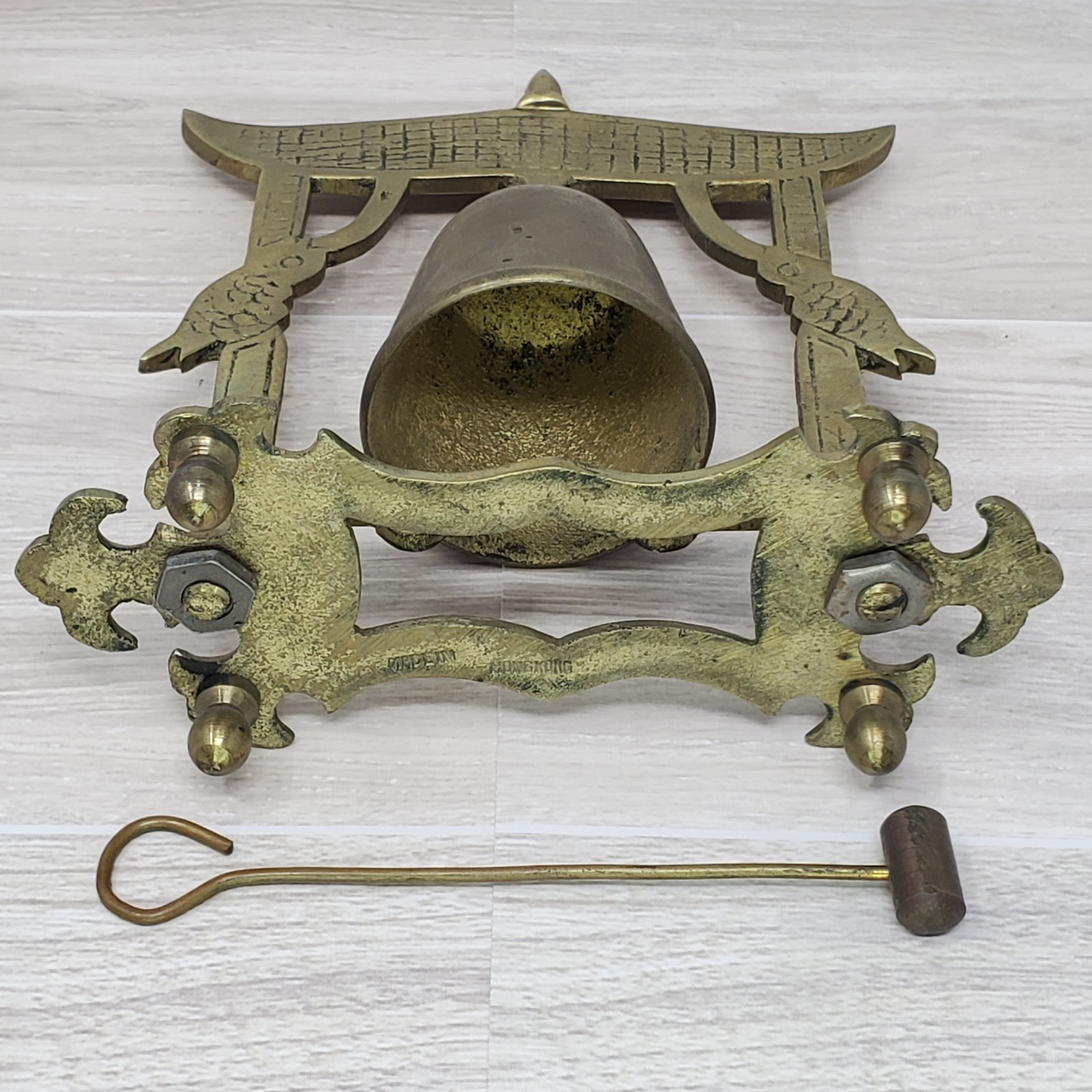 Vintage Asian Solid Brass Gong Bell with Hammer Stand 5.5” Tall Hong Kong Fish