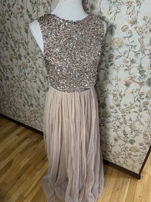 Maya Deluxe Tall Bridesmaid V Neck Maxi Tulle Dress, Taupe Blush Size 4 New