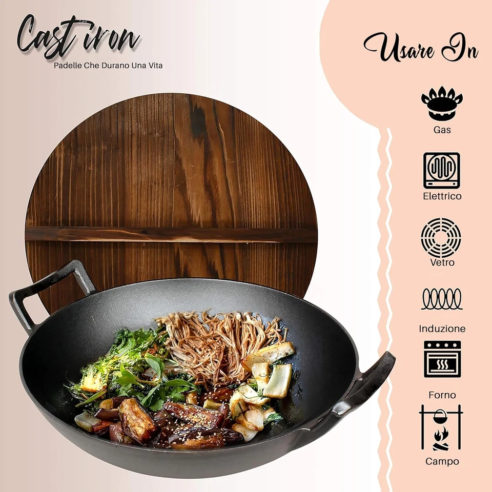 Padella in Ghisa Pre-Stagionata Da 5,5 Litri - Wok Antiaderente Con Coperchio in - Immagine 3 di 4