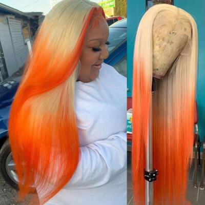 Blonde wig ombré orange straight swiss lace long 613 Blonde Ombre Orange Red Synthetic Lace Front Wigs For  main image 2