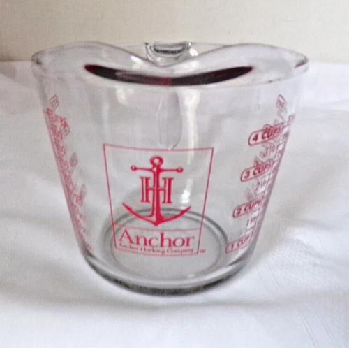 Measuring Cup 4 Cup/ 1 Quart Glass Anchor Hocking Red Open Handle Spout Vtg #699