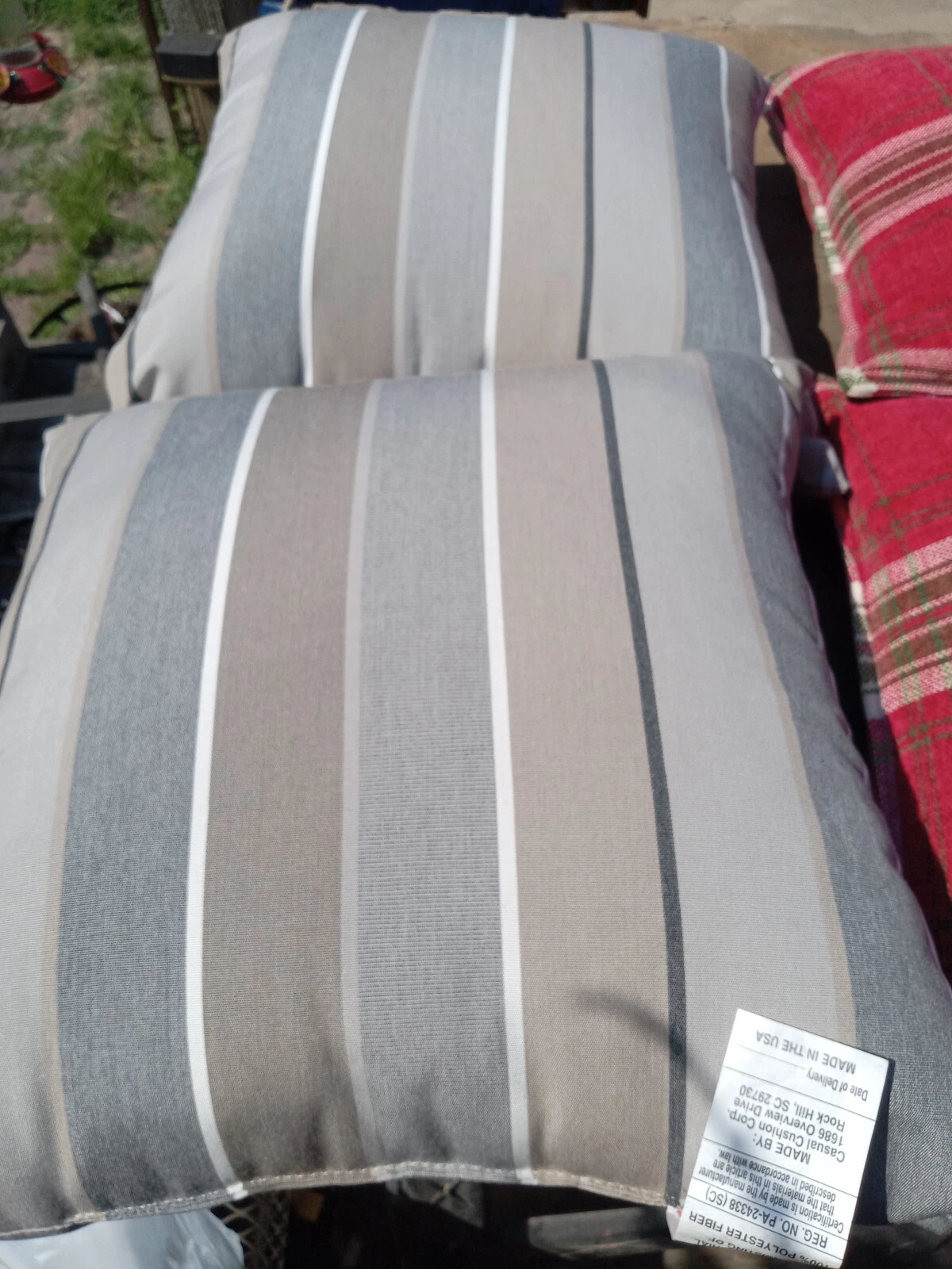 Pair of Grey Beige Stripe Print Decorative Throw Pillows 20 x 20