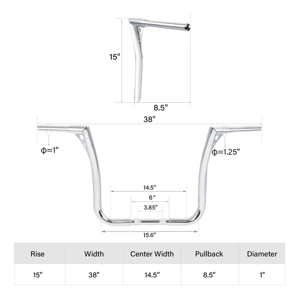 Руль-вешалка 15 дюймов подъем 1 1/4 дюйма подходит для Harley Touring Electra Glide 82-13 - Изображение 2 из 4