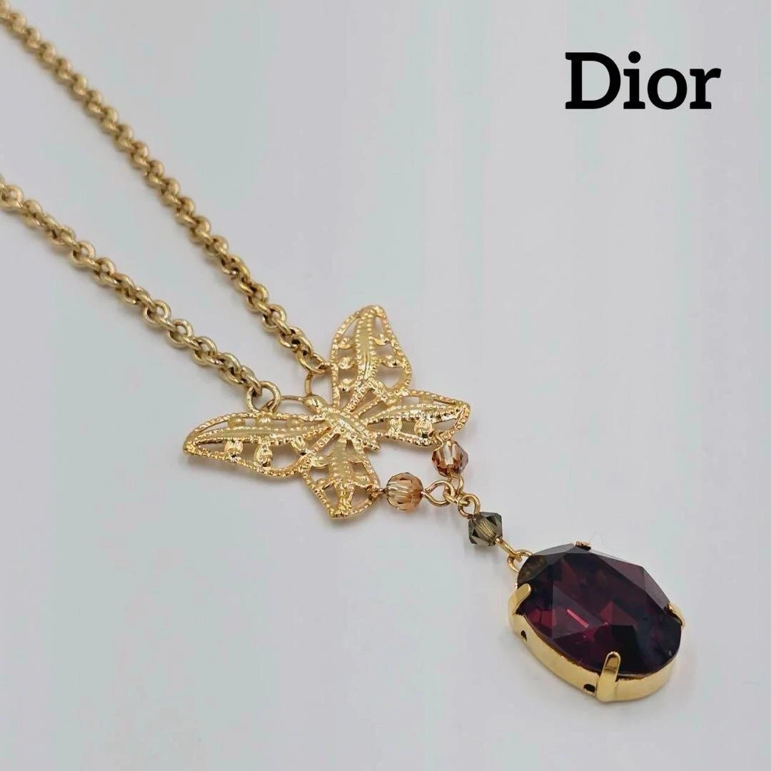 Collier Christian Dior pierre papillon couleur or rouge/chaîne 40 cm haut 5,5 cm