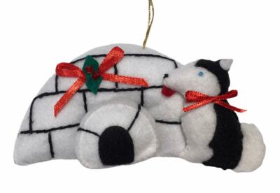 Alaska felt Handmade Igloo Sitting Husky Ornament 5.5''