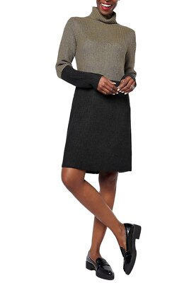 Belle by Kim Gravel Color Block Shaker Knit Sweater Dress Dusky Olive | eBay